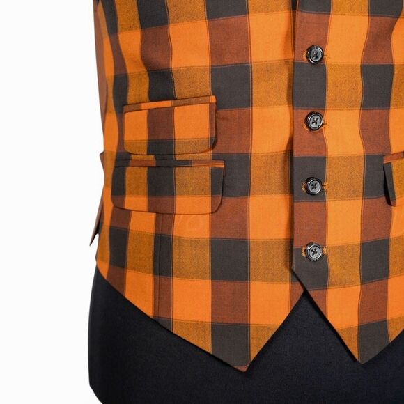 Mens Waistcoat Suit Lapel Vest 40R Orange Green Plaid Check Formal Wedding Party - Picture 6 of 9